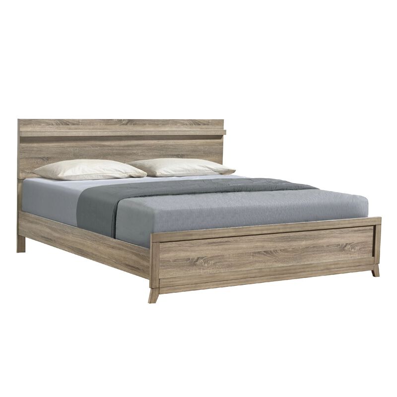 Tily Queen Size Bed w Panel Footboard, Natural Brown Wood Veneers