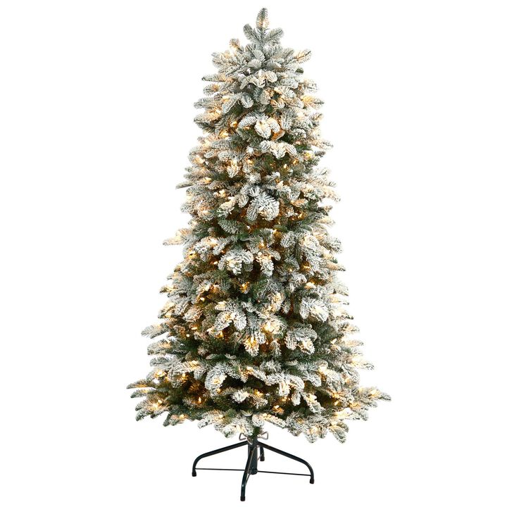 Nearly Natural Flocked North Carolina Fir Artificial Christmas Tree with Warm White Lights and Bendable Branches