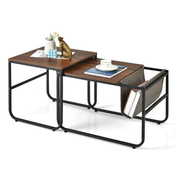 Hivvago Set of 2 Nesting Coffee Tables with Side Pocket for Living Room Bedroom-Rustic Brown