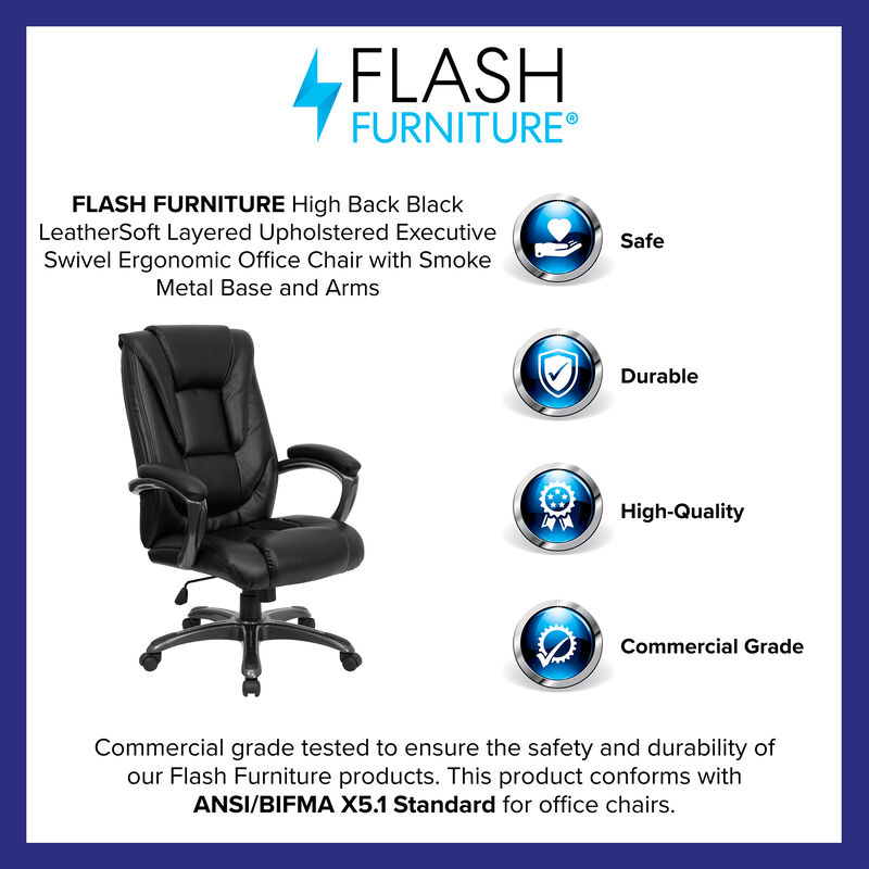 Oma High Back Black LeatherSoft Layered Upholstered Executive Swivel Ergonomic Office Chair with Smoke Metal Base and Arms image number 9