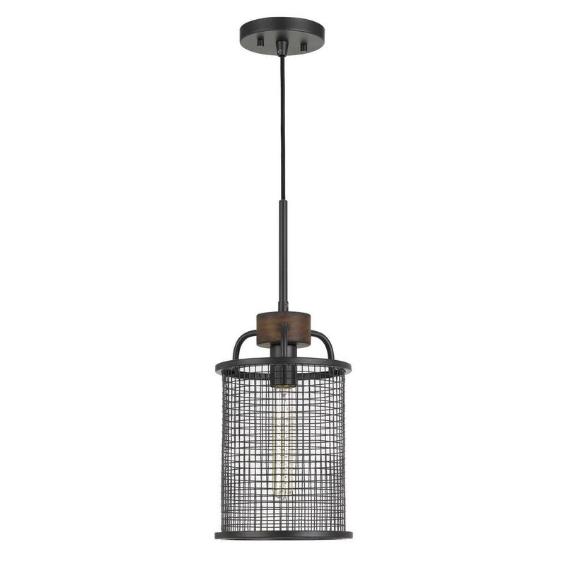 Cylindrical Grid Design Metal Chandelier with Wooden Accent, Black - Benzara image number 6