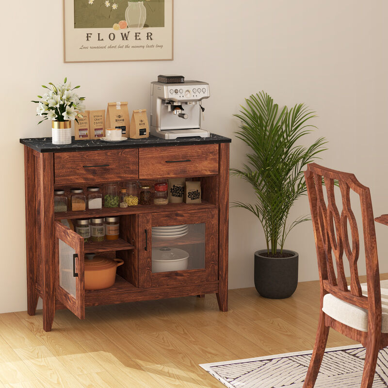 Coffee Bar Storage Cabinet with Open Shelf and Dual Drawers – Compact Sideboard