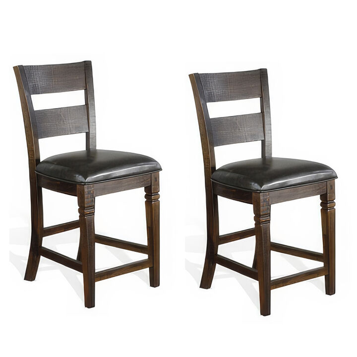 Flint Set of 2 Counter Stool Chairs, Ladderback, Black, Dark Brown Mahogany Wood - Benzara