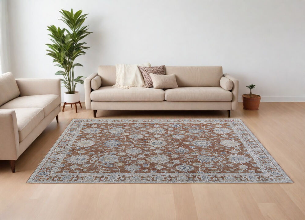 HomeRoots Floral Power Loom Worn Faded Area Rug With Fringe