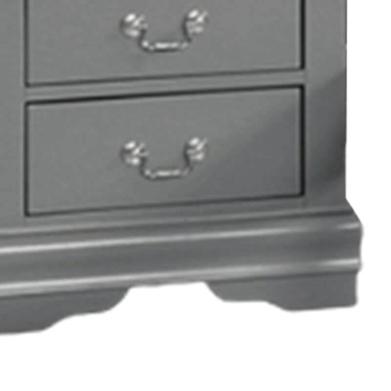 Ryla Nightstand, 2 Drawers, Light Gray Solid Wood, Nickel Drop Handles - Benzara