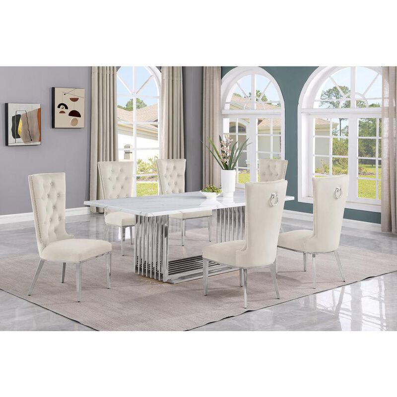 7pc Large(79") marble top dining set with silver base and 6 Cream side chairs