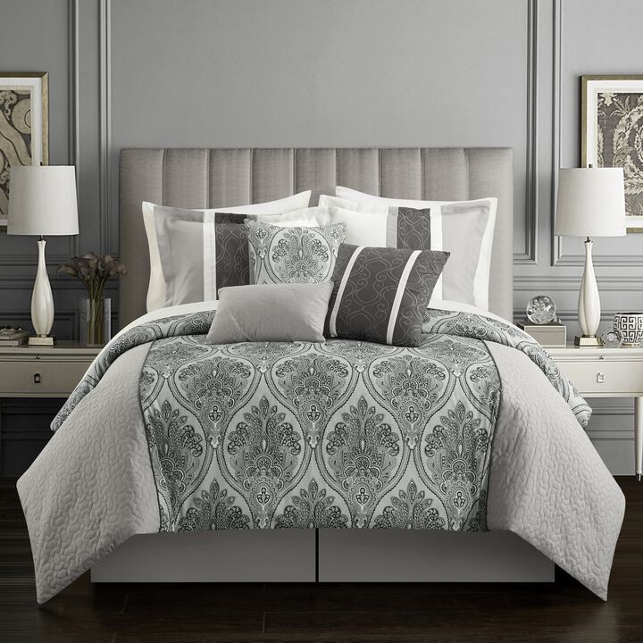 Chic Home Phantogram 7 Piece Comforter Set Reversible Two-Tone Damask Pattern Geometric Quilting Bedding - Bed Skirt Decorative Pillows Shams Included - King 104x92", Grey