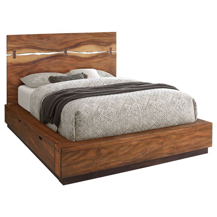 Zeko King Size Storage Bed, Live Edge Panel Headboard, Walnut Brown Wood - Benzara