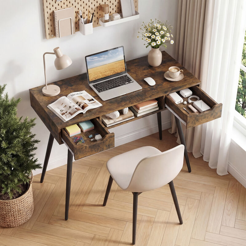 Modern Writing Desk with Metal Legs and Drawers for Home Office image number 4