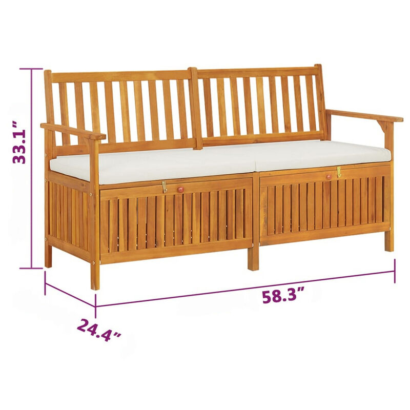 Outdoor Storage Bench, 58 Inch Brown Acacia Wood, Cream White Cushion - Benzara