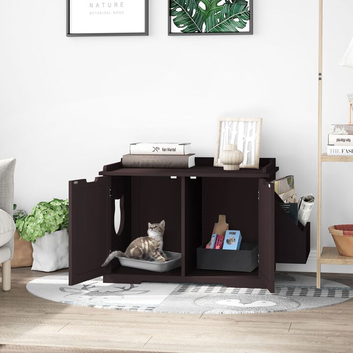 Wooden Cat Litter Box Enclosure Kitten House with Nightstand End Table and Storage Rack Magnetic Doors  Brown