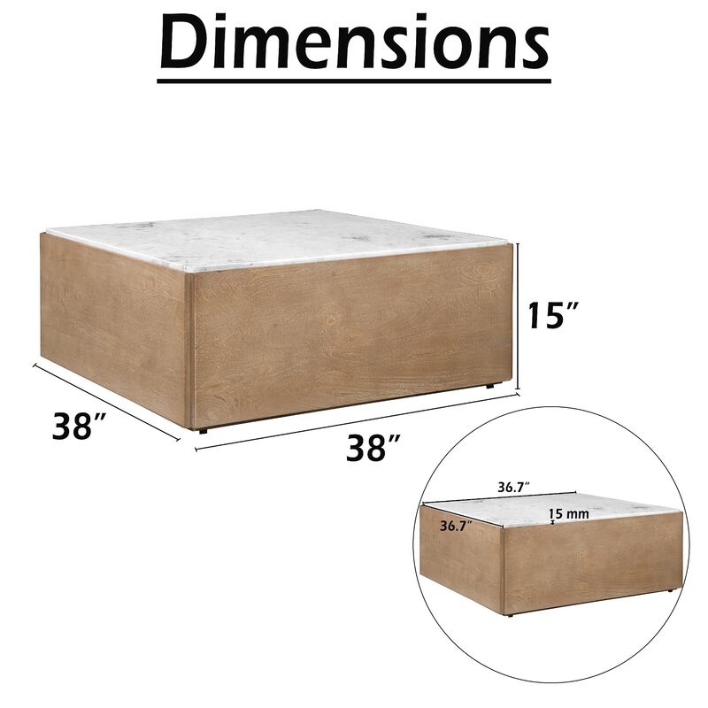 Joi 38 Inch Square Coffee Table, Real White Marble Top, Solid Mango Wood Base, Sandblasted Light Brown image number 4