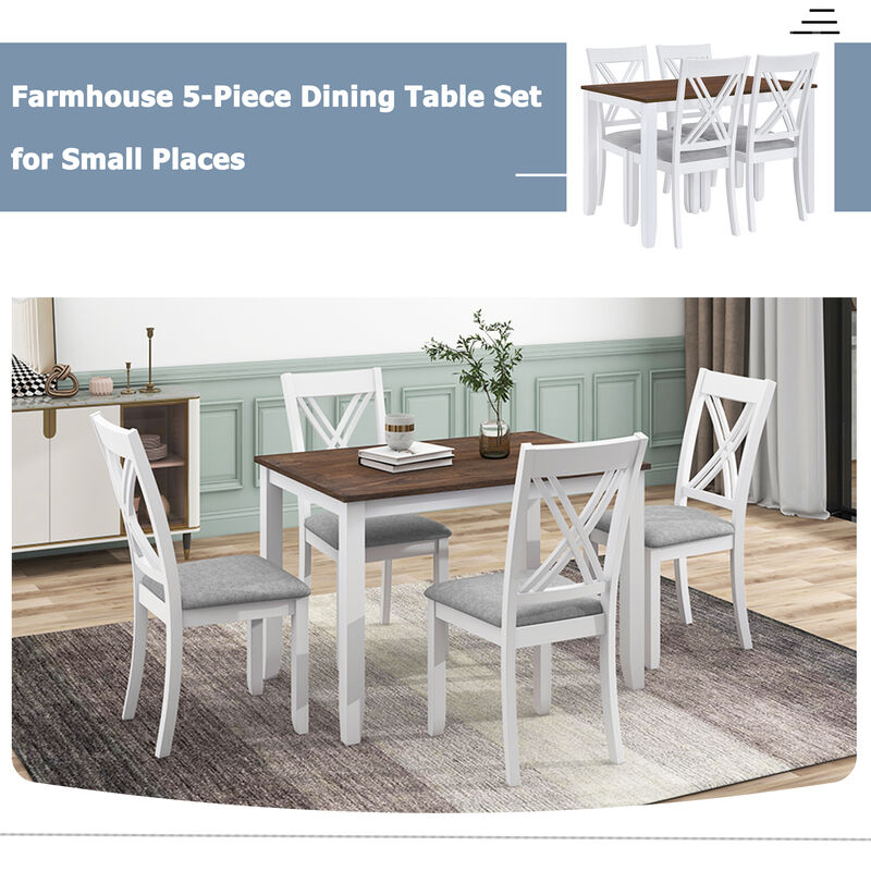 Whisen Rustic Minimalist Wood 5-Piece Dining Table Set with 4 X-Back Chairs - Gray