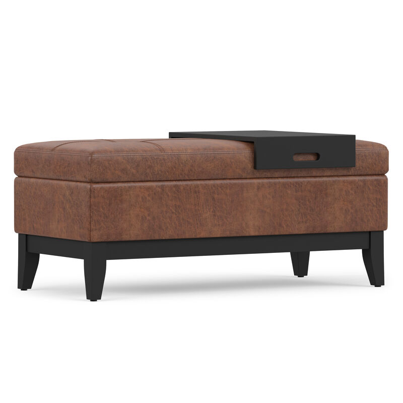 Oregon 42 inch Wide Transitional Rectangle Storage Ottoman Bench with Tray in Distressed Saddle Brown Vegan Faux Leather, Assembled image number 7