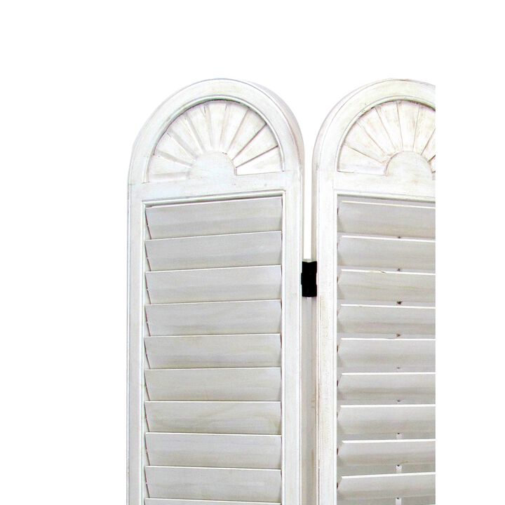 Wooden 3 Panel Room Divider with Slatted Shutter Design, White-Benzara