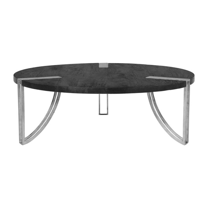 35 Inch Round Coffee Table, Sandblasted Matte Black Mango Wood Top, Curved Aluminum Legs