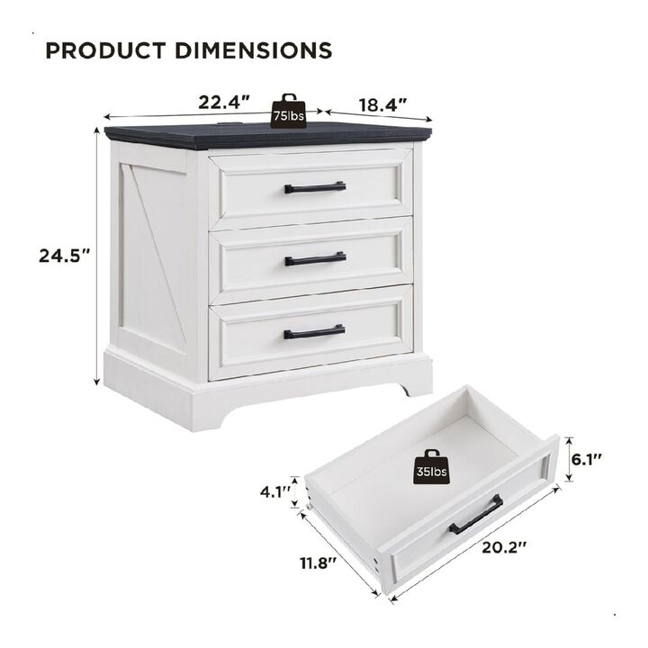 Farmhouse Nightstand Set of 2 with Charging Station, 22 Inch Wide End Table with 3 Large Drawers & Bar Handles, Rustic Wood Small Dresser, Off White