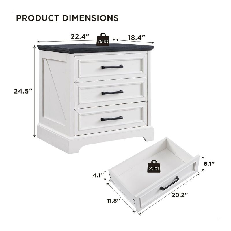Farmhouse Nightstand Set of 2 with Charging Station, 22 Inch Wide End Table with 3 Large Drawers & Bar Handles, Rustic Wood Small Dresser, Off White image number 1