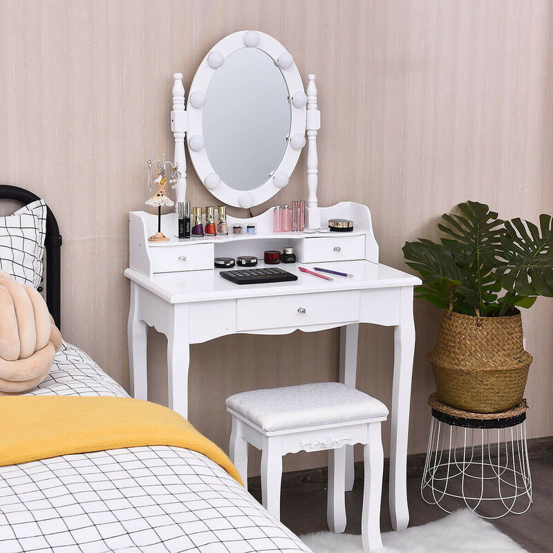 Vanity Set with Oval LED Mirror, 10 Dimmable Bulbs & 3 Drawers