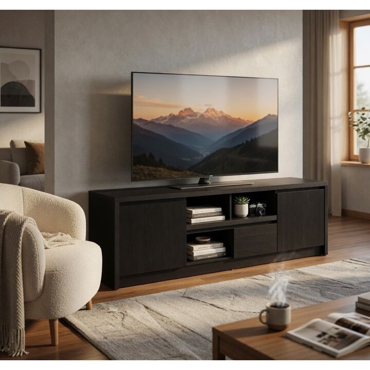 Winie TV Stand Media Console, 2 Doors, Open Shelf, Wood