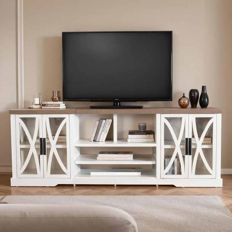 93" Farmhouse White TV Stand with Open Storage Shelves and Cabinets Media Console for TVs up to 85"