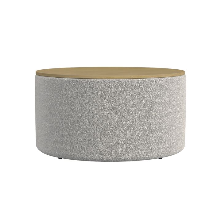 Mesy Storage Ottoman, 30 Inch Round Lift Tray Top, Light Gray Boucle - Benzara