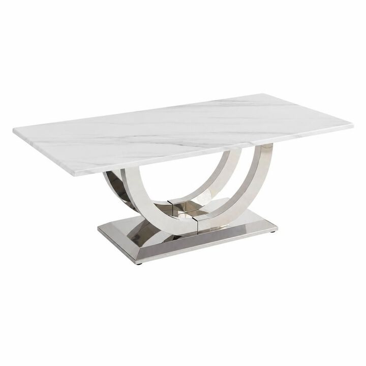 GOODSILO 50.4 Inch Modern Rectangular Coffee Table with Marble Pattern Tabletop and Silver Stainless Steel Base for Living Room