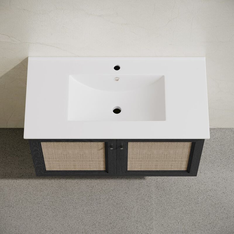 36" Wall-Mounted Bathroom Vanity in Black Oak with Single Faucet Hole Vanity Top image number 7