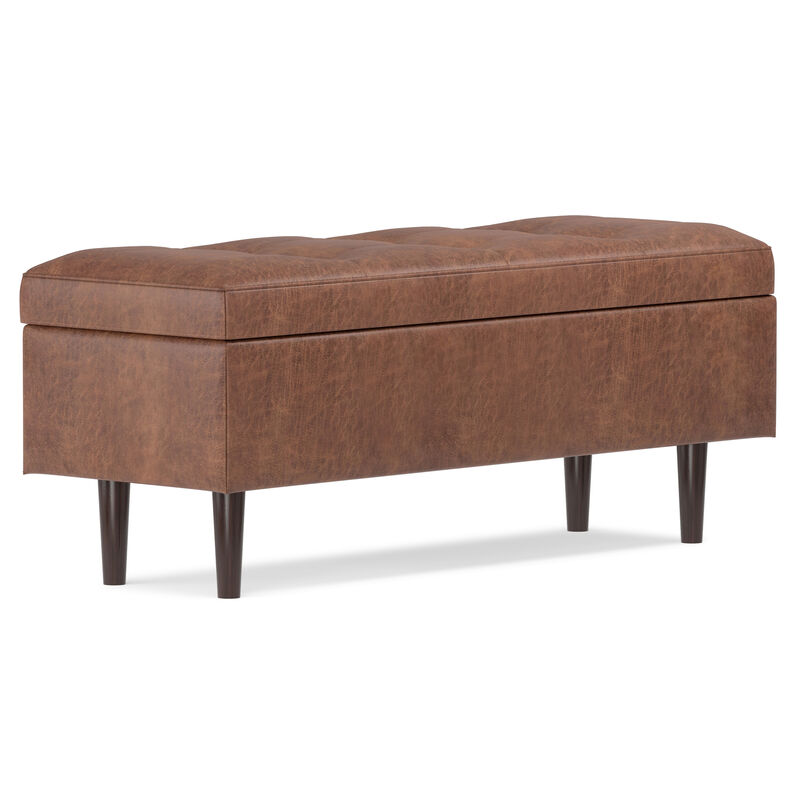 Shay Mid Century Rectangular Storage Ottoman in Distressed Saddle Brown Faux Leather