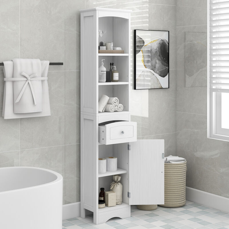 Whisen Verticle Bathroom Cabinet, Freestanding Storage Cabinet with Drawer and Adjustable Shelves