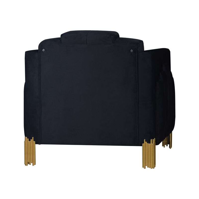 Theo Accent Chair, Black Velvet, Blue LED Lights, Gold Metal Legs - Benzara