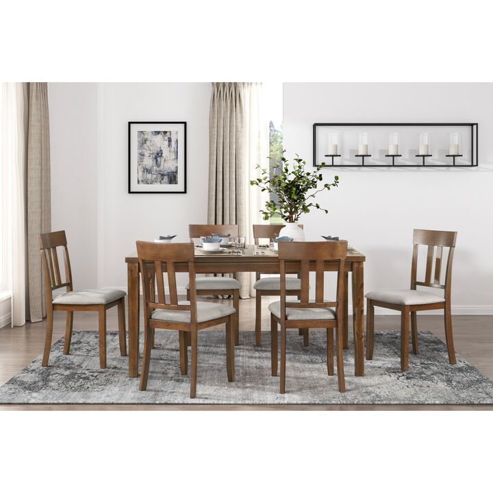 Transitional Styling 7-Piece Pack Dinette Set Cherry Finish Dining Table and 6x Side Chairs Textured Fabric Upholstered Seat Wooden Classic Look Furniture