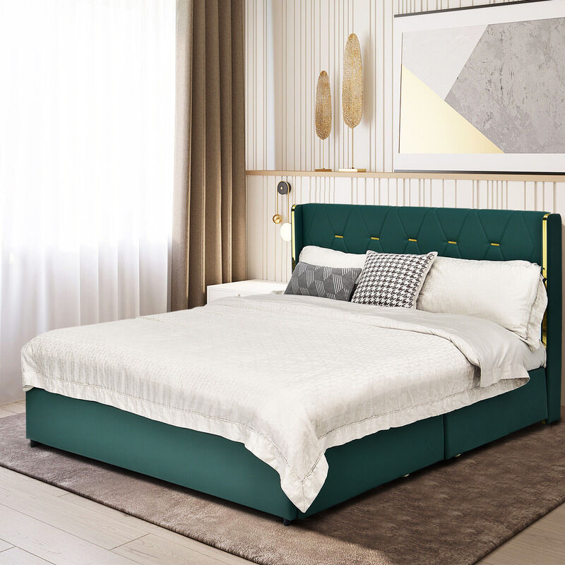 Full Size Upholstered Bed Frame with 4 Drawers-Green