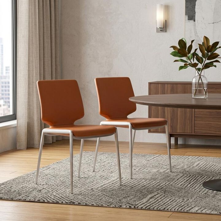 HomeRoots Set of Two Terra Cotta And Silver Upholstered Faux Leather Dining Side Chairs