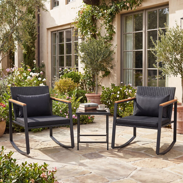Outdoor Bistro Furniture Set with Rocking Chairs and Tempered Glass Table