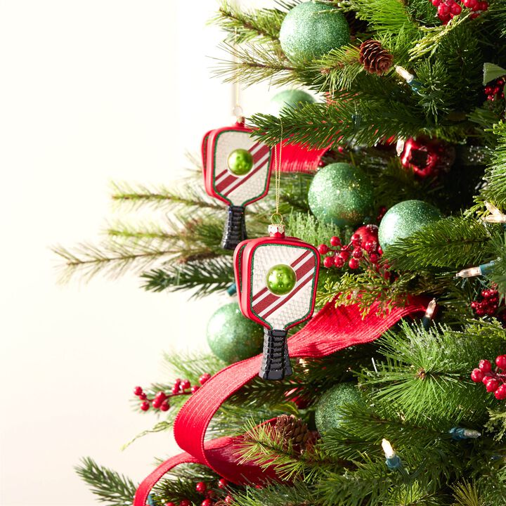 Pickleball Racket Ornament Set of 12 in Glass for Festive Tree or Shelf Display