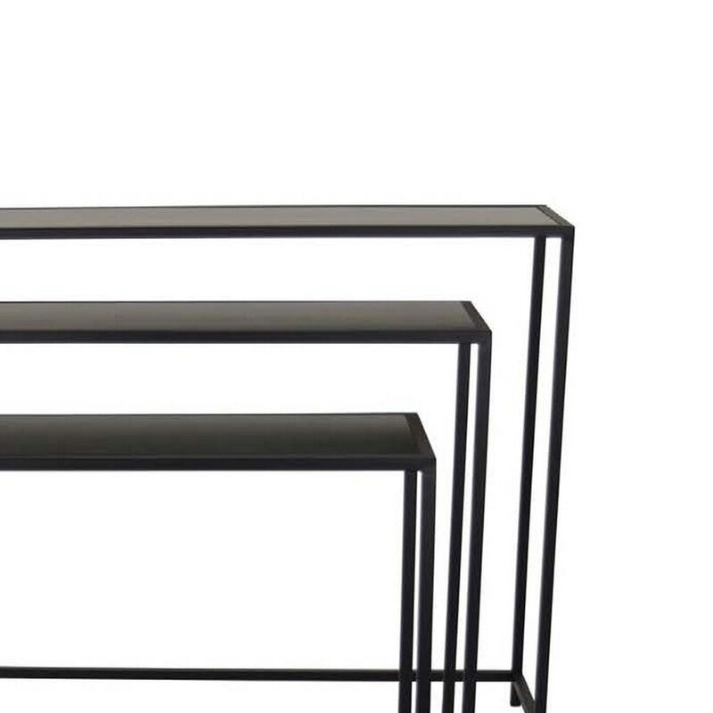 Set of 3 Plant Stand Tables, Rectangular Wood Top, Metal Open Frame, Black - Benzara