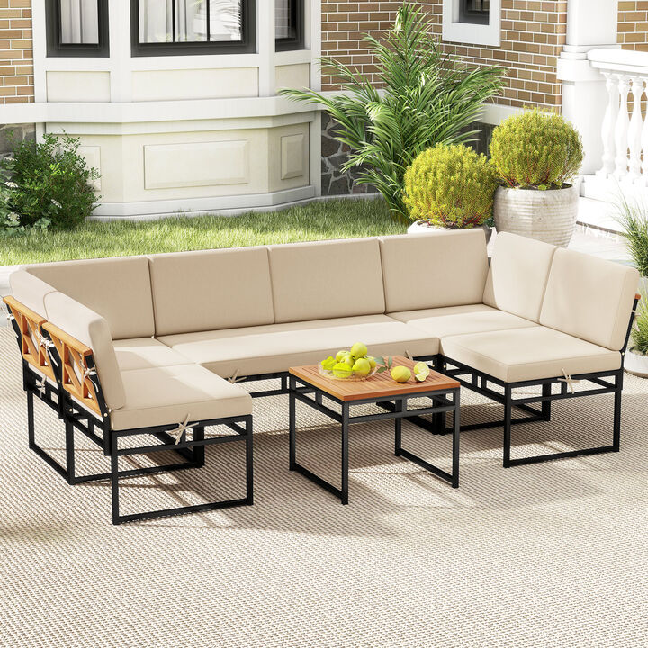 Beige Outdoor Sectional Sofa Set, 6-Piece Conversation Set with Cushions