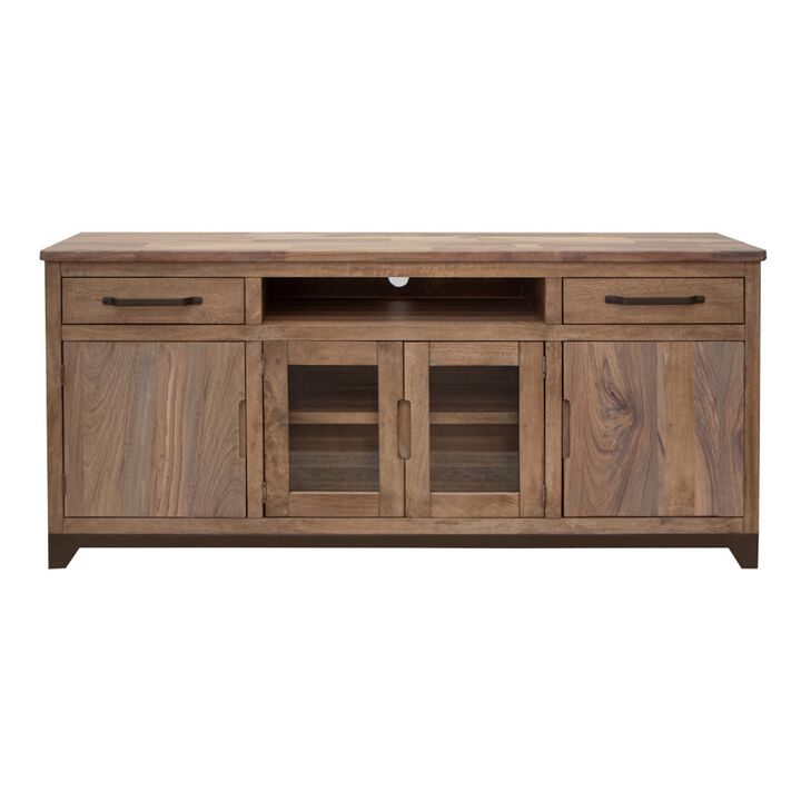 Umey 70 Inch TV Entertainment Console, 2 Drawers, Shelves, Wood, Brown - Benzara