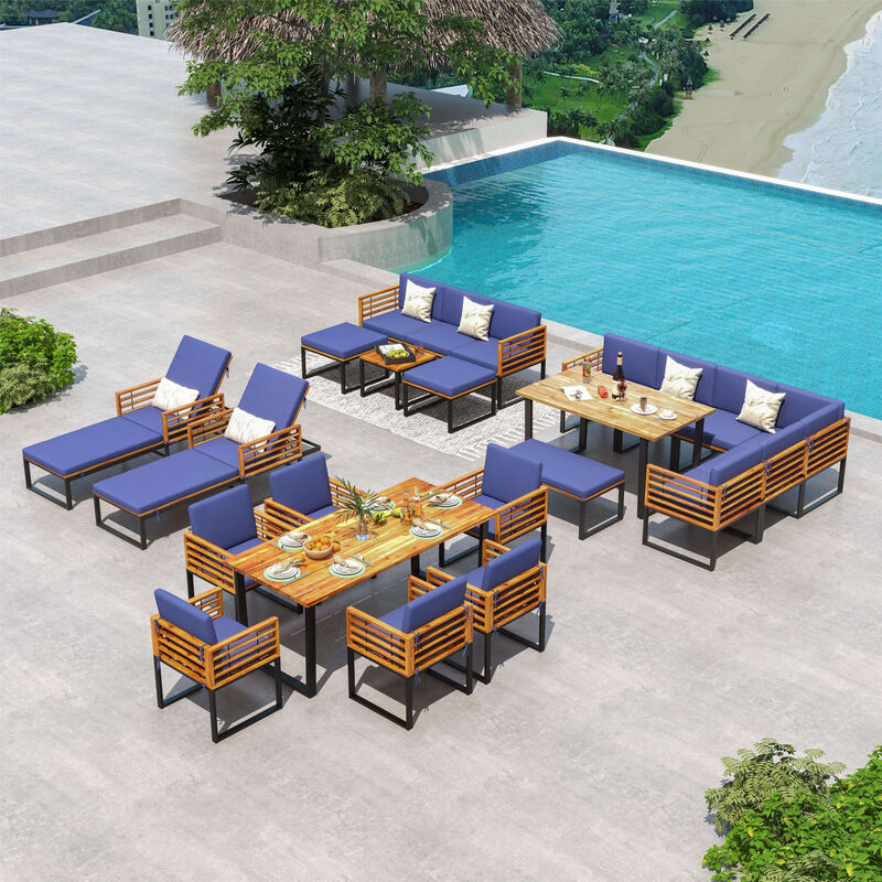 6 Piece Patio Acacia Wood Conversation Sofa Set with Ottomans and Coffee Table-Navy