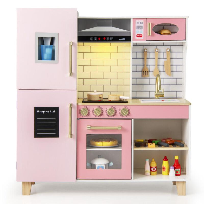 Hivvago Wooden Pretend Play Kitchen with Ice Maker Range Hood and Blackboard