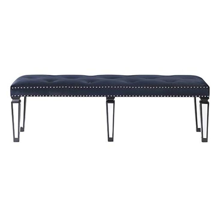 Bench with Button Tufting and Mirror Tapered Legs, Blue-Benzara