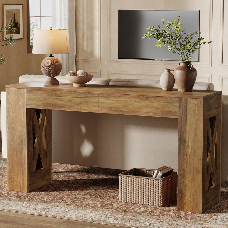 Sofa Console Table with 2 Drawers and X-Shaped Legs, Narrow Design-Brown image number 3