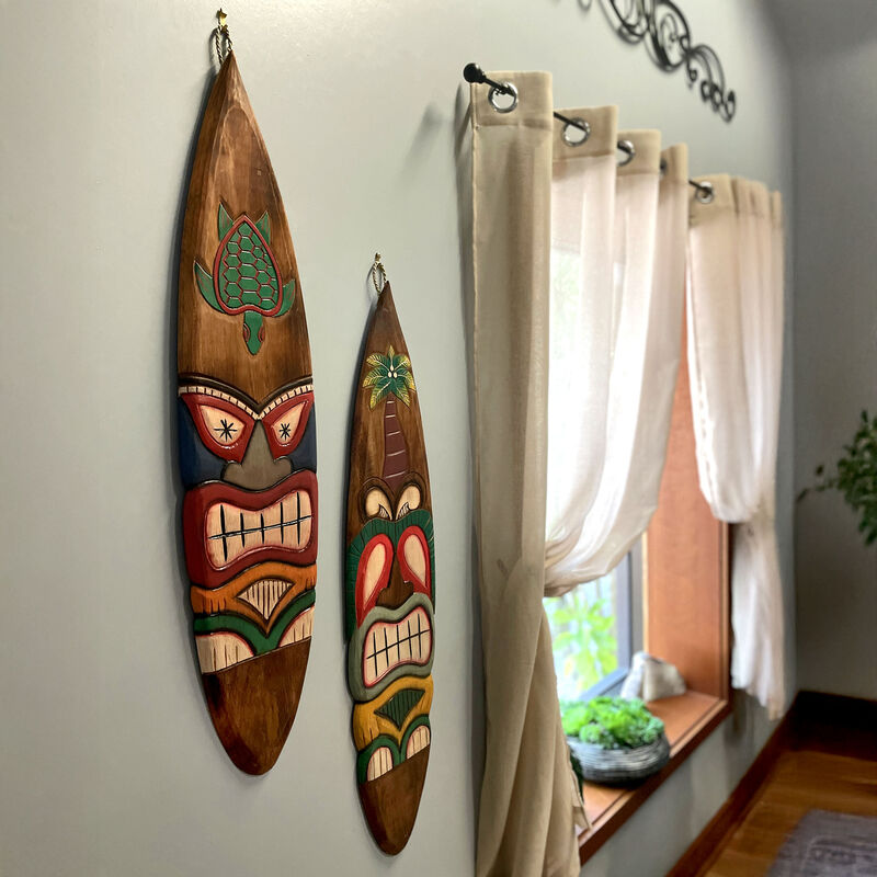 Set of 2 Tiki Surfboard Wall Decor 39" Sea Turtle Palm Tree Hand-Carved Art image number 9