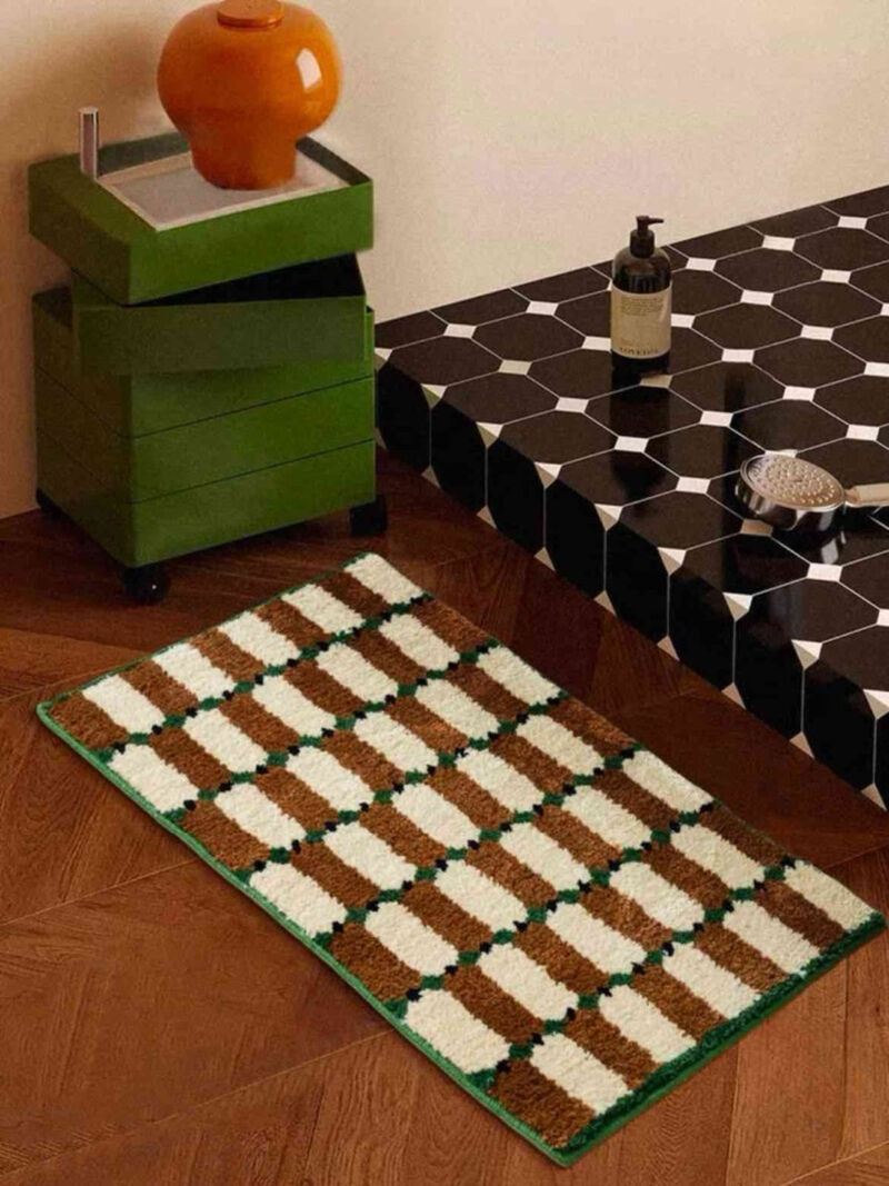 Retro Eclectic Checker Bath Rug, Machine-washable, Ultra Soft & Absorbent