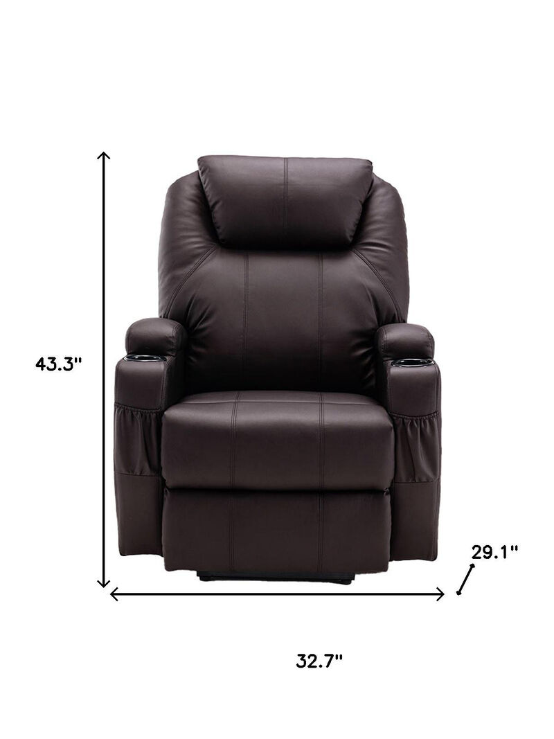 HomeRoots 33" Brown Faux Leather Power Heated Massage Lift Assist Recliner image number 3