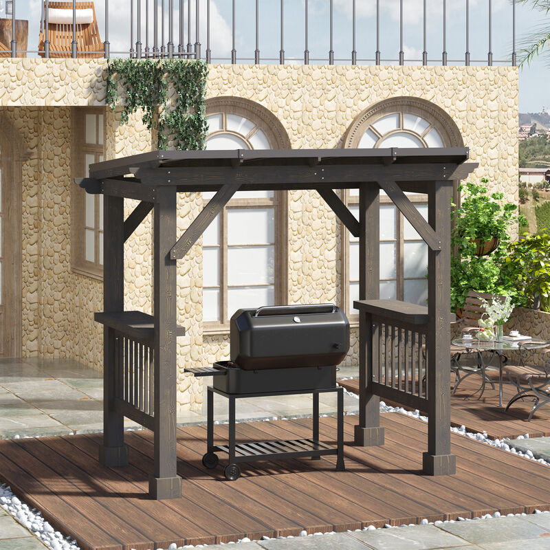 Outsunny 8' x 5' BBQ Grill Gazebo with 2 Side Shelves, Outdoor Hardtop Barbecue Barrier with Slanted Steel roof, Solid Wood Frame