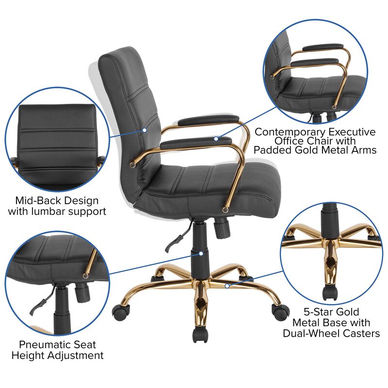 Flash Furniture Whitney Mid-Back Desk Chair - Black LeatherSoft Executive Swivel Office Chair with Gold Frame - Swivel Arm Chair image number 3