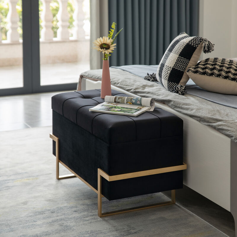 Rectangle Velvet Storage Ottoman Stool Box with Abstract Golden Legs | Decorative Sitting Bench for Living Room Home Decor with Unique Base Support (Black Large)