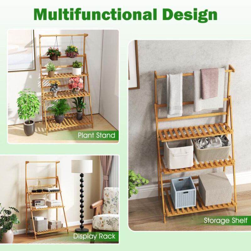 Hivvago 3 Tier Bamboo Hanging Plant Stand with Height Adjustable Hanger Rod